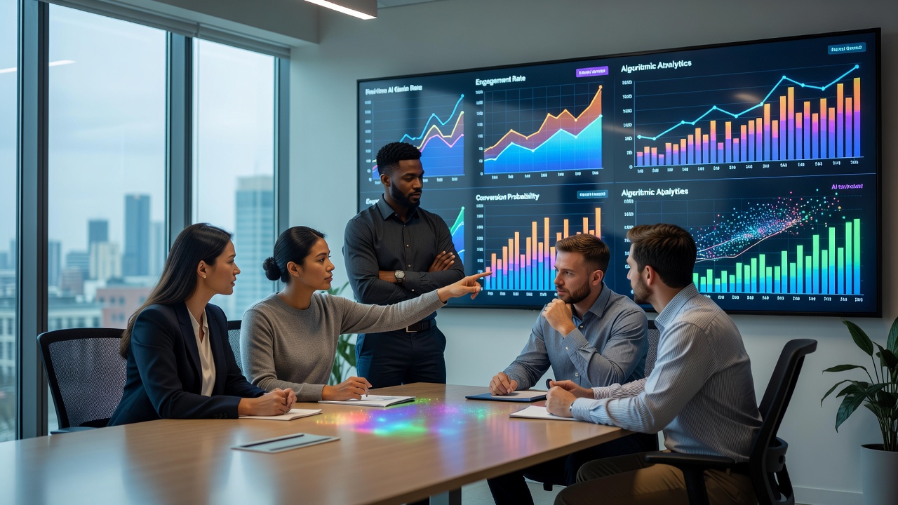 Advertising Analytics Team Reviewing Realtime AI Optimization Charts