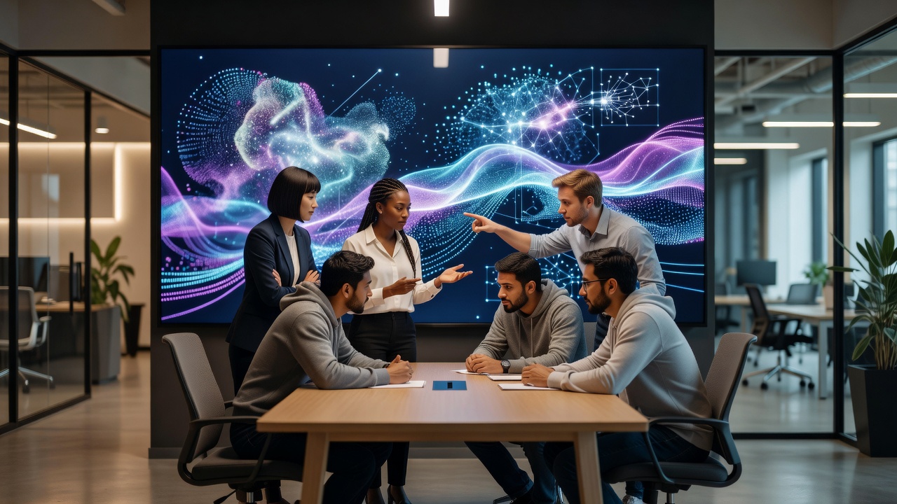 Digital agency team analyzing real-time advertising analytics driven by artificial intelligence
